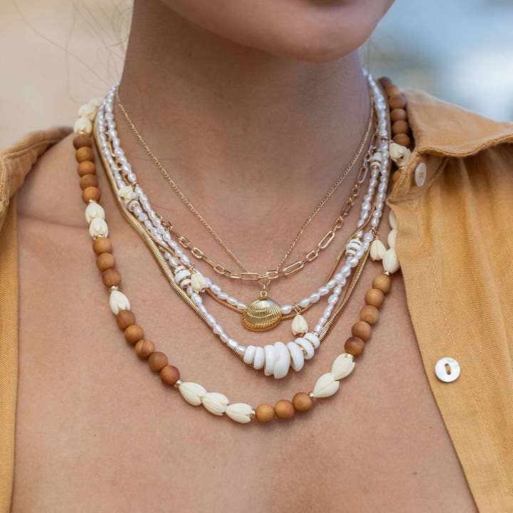 Ke Aloha Jewelry - Wholesale Beaded/Pearl Necklace - Gold Puka Shell Pearl Bead Necklace - Maka