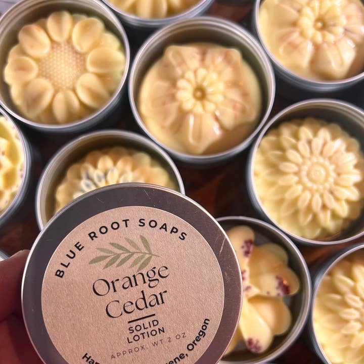 Orange Cedar Solid Lotion for wholesale by Blue Root Soaps