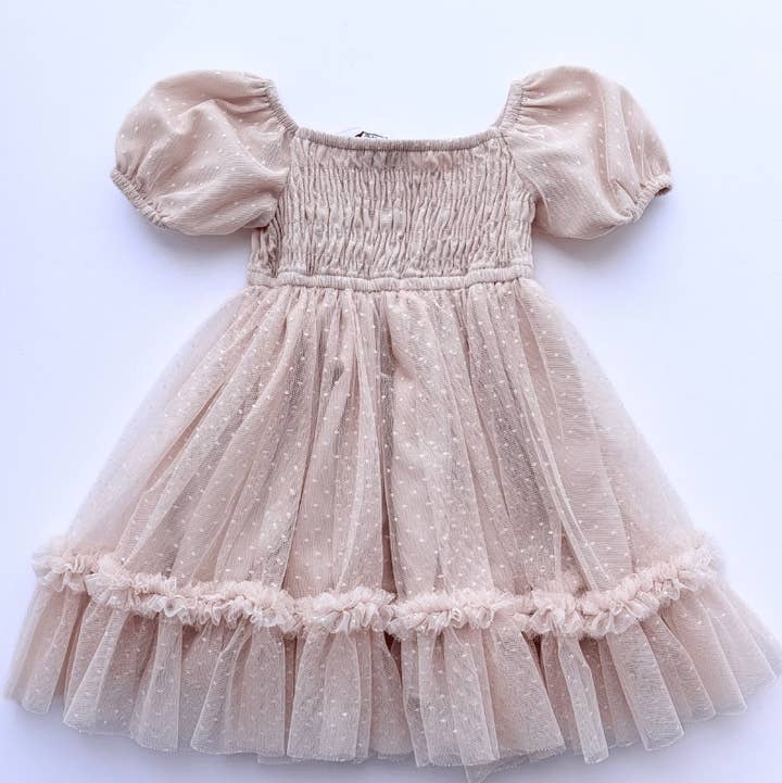Bailey's Blossoms - Wholesale Dress - Kids - Smocked Dots Tulle Dress - Champagne1