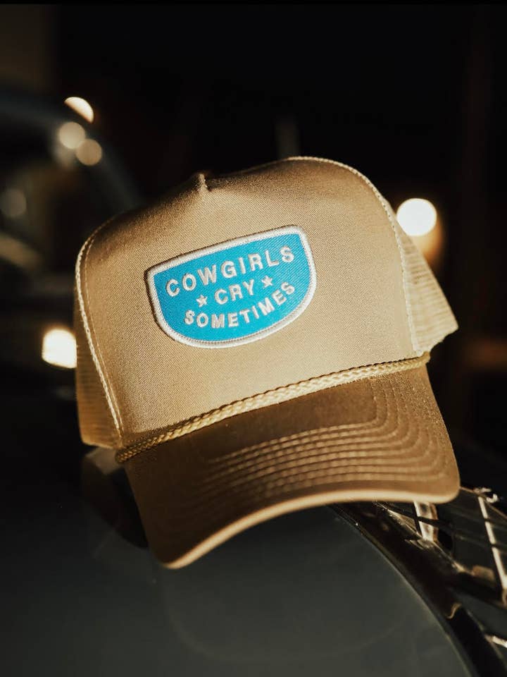 Khaki Cowgirls Cry Sometimes Trucker Hat for wholesale by Brim + Band