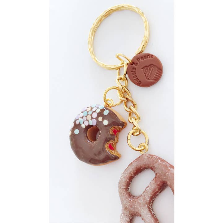 Sweets & Pearls - Wholesale Keychain - Women's - Polymer Clay Chocolate Bitten Donut with Pretzel Keychain