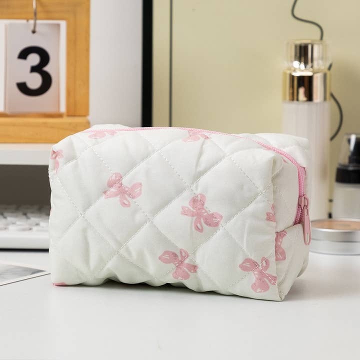 JOSSLYN by wall to wall - Wholesale Makeup/Cosmetic Bag - QUILTED COTTON CHECKER BOW COSMETIC POUCH BAG | 40P5695