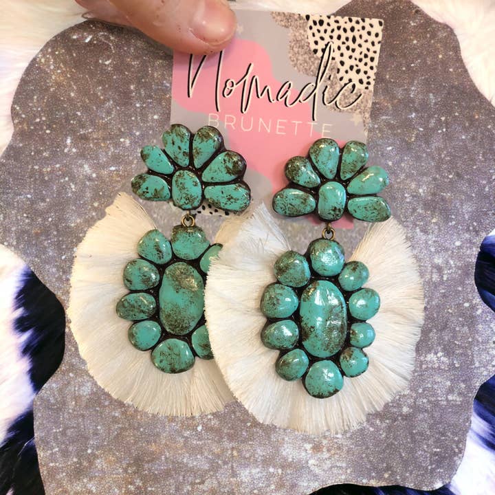Nomadic Brunette - Wholesale Dangle Earrings - The Roan Earrings - Turquoise With White Fringe0