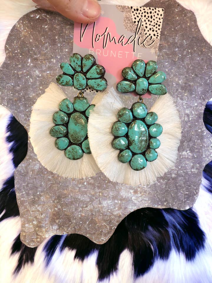 The Roan Earrings - Turquoise With White Fringe for wholesale by Nomadic Brunette