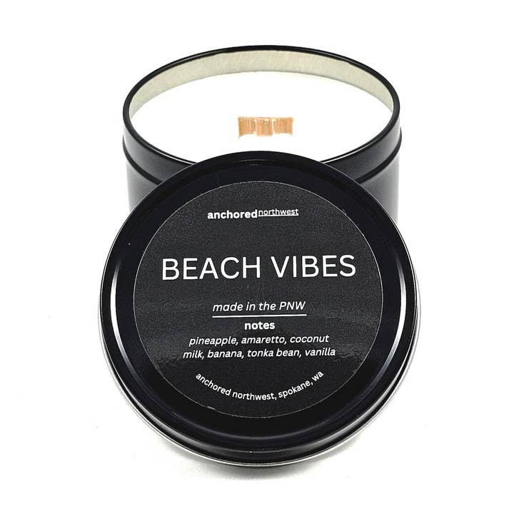 Beach Vibes Travel Size Travel Tin Soy Candle for wholesale by Anchored Northwest