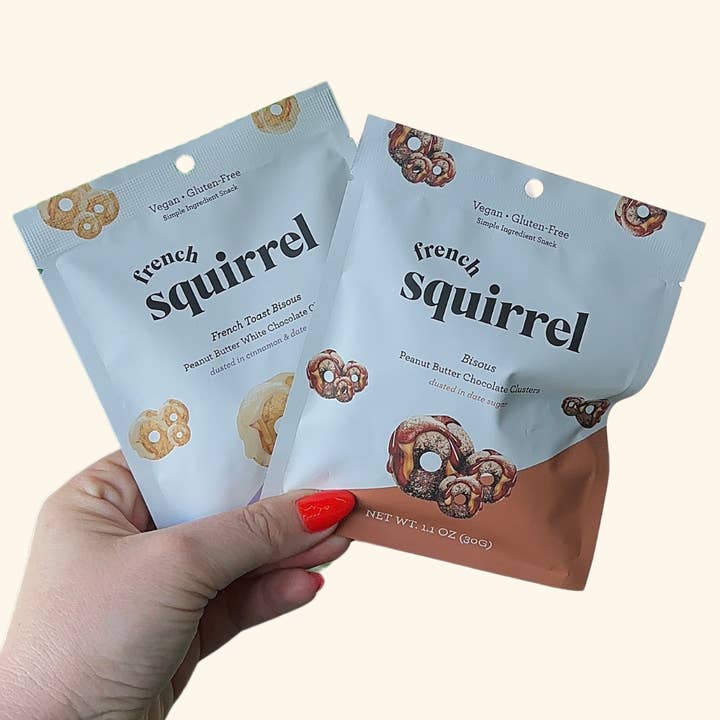 French Squirrel - Wholesale Puffed Snack - Mini Bisous: Peanut Butter & Choc-Coated GF Cereal (24 bag)