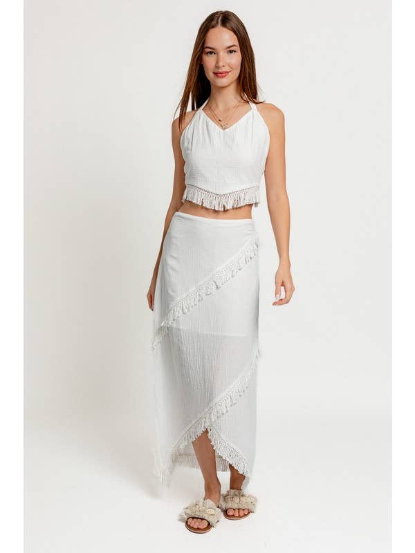 White LOW WAIST FRINGE TRIMMED MAXI SKIRT for wholesale on Faire