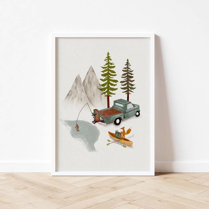 Woodland Adventure Print – Bear Fishing & Fox Canoeing for wholesale by Urchin Bay