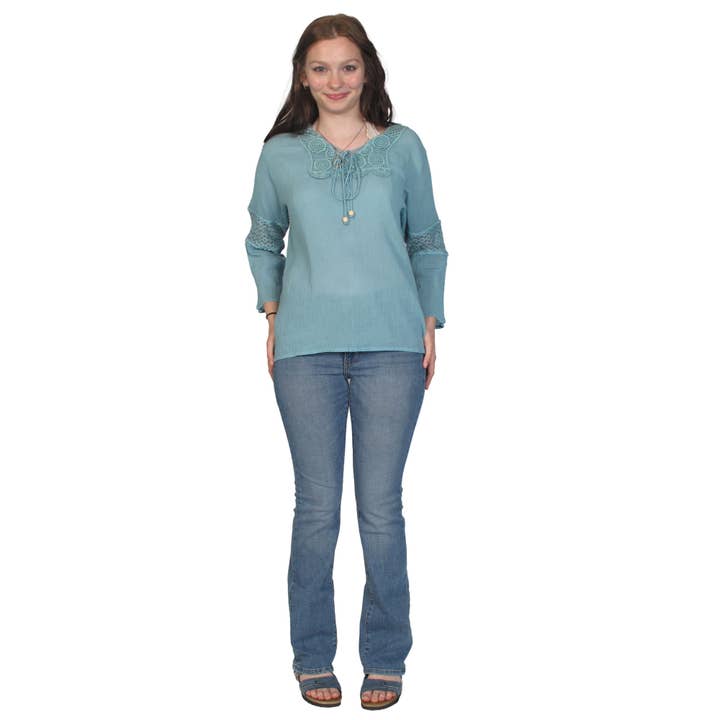 2394 Crepe Belle Sleeve Blouse With Lace Inserts for wholesale by Blue Sky