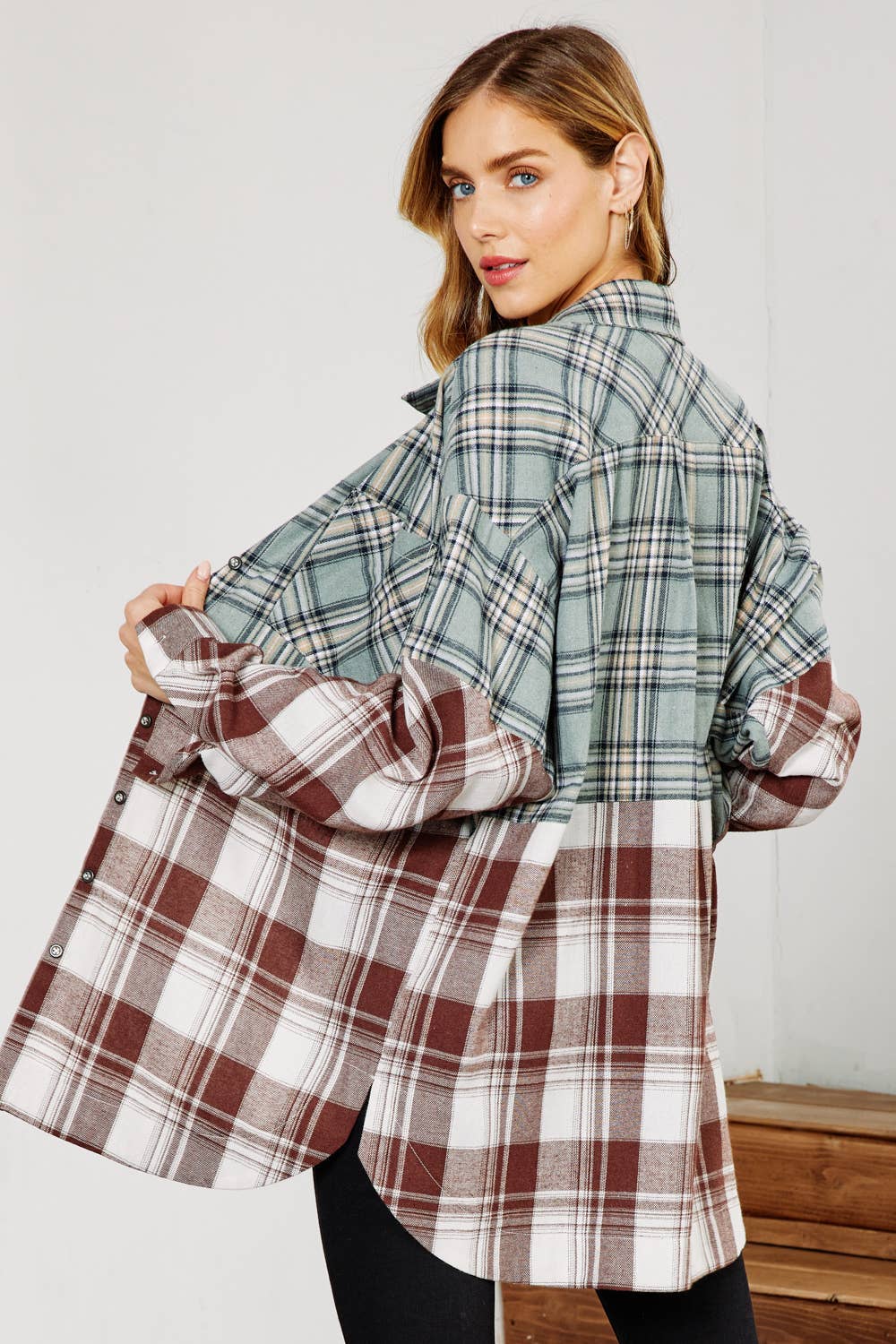 FSL Apparel - Wholesale Button Down Shirt - Women's - IJ1059 - MIXED PLAID  BUTTON DOWN OVERSIZED SHIRT12