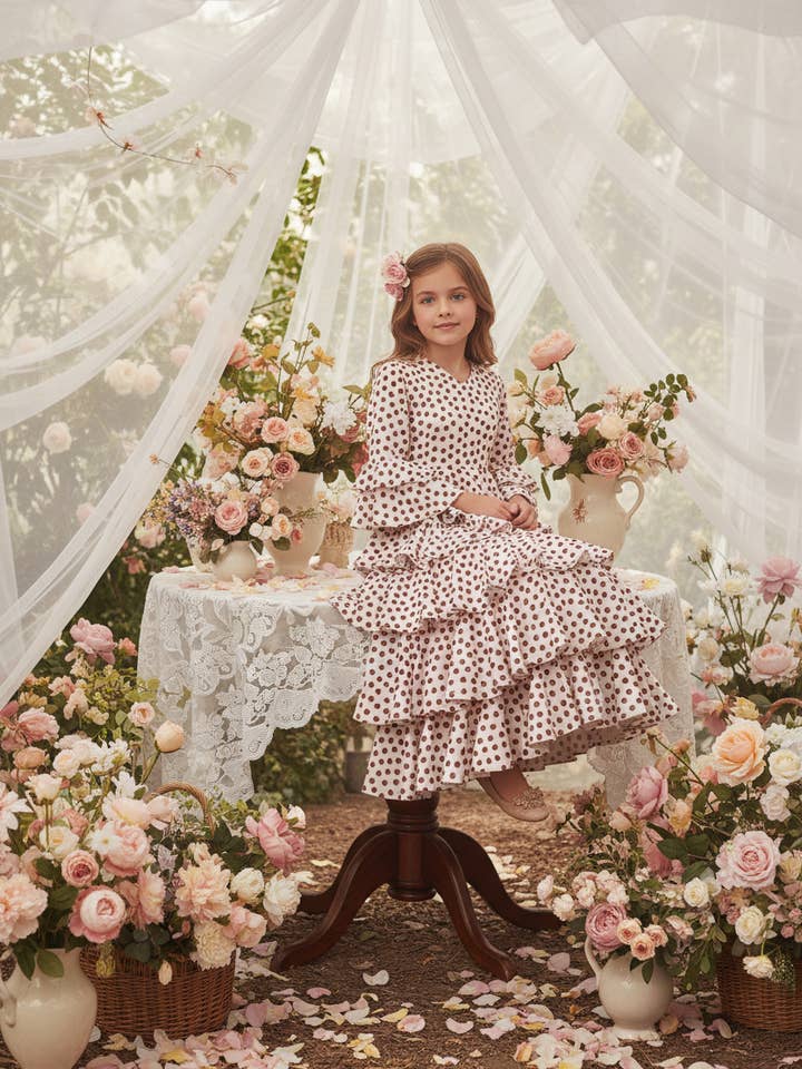 Traje de Flamenca de Niña Blanco con Lunares Rojos | Ref. 221121 para venta al por mayor de EMMA WU DESIGN