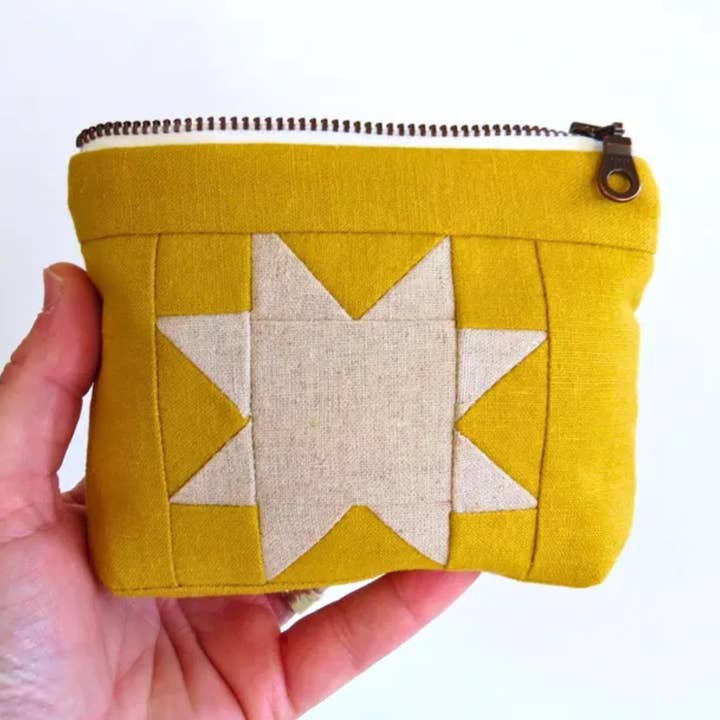 Handmade Quilted Linen Pouch – Sawtooth Star Design YELLOW for wholesale by PaperFromHeaven