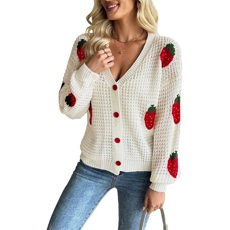 CREAMY Strawberry Jacquard Knit Cardigan for wholesale on Faire4