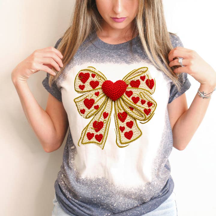 Coquette Bow Bleached Valentines Day Tee for wholesale by Hello Gorgeous Apparel