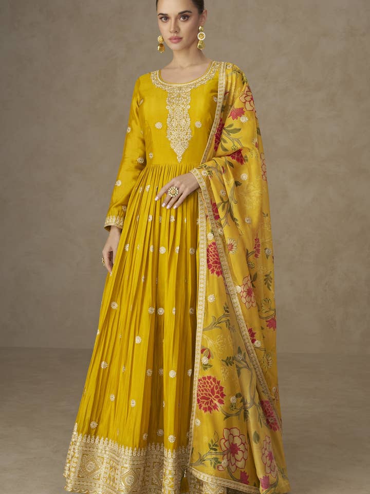 Yellow Chinon Silk Anarkali Suit For Indian & Pakistani Wedding Festival - Thread & Sequence Embroidery Work, Print Work for wholesale by HATKE BRIDE