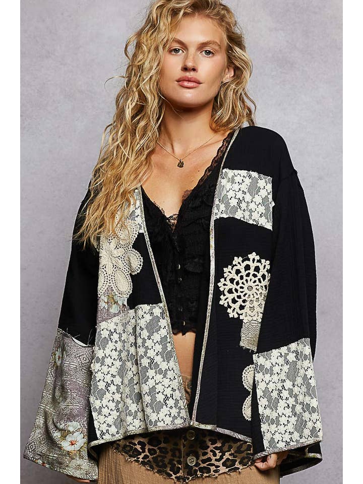 Pol Clothing - Wholesale Cardigan - Women's - Long sleeve double gauze crochet patch cardigan woven top21