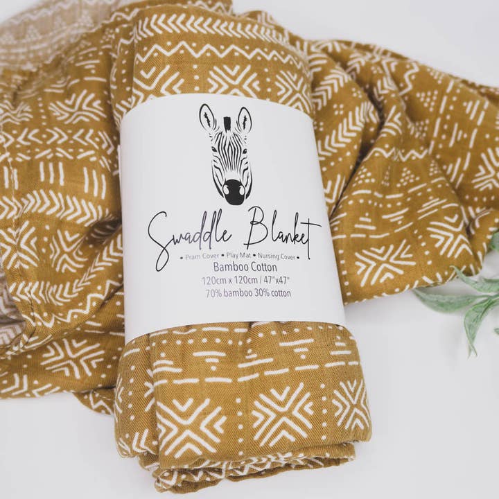 Couvertures d'emmaillotage en bambou et coton - Aztec Tustard pour la vente par Zebra Babies