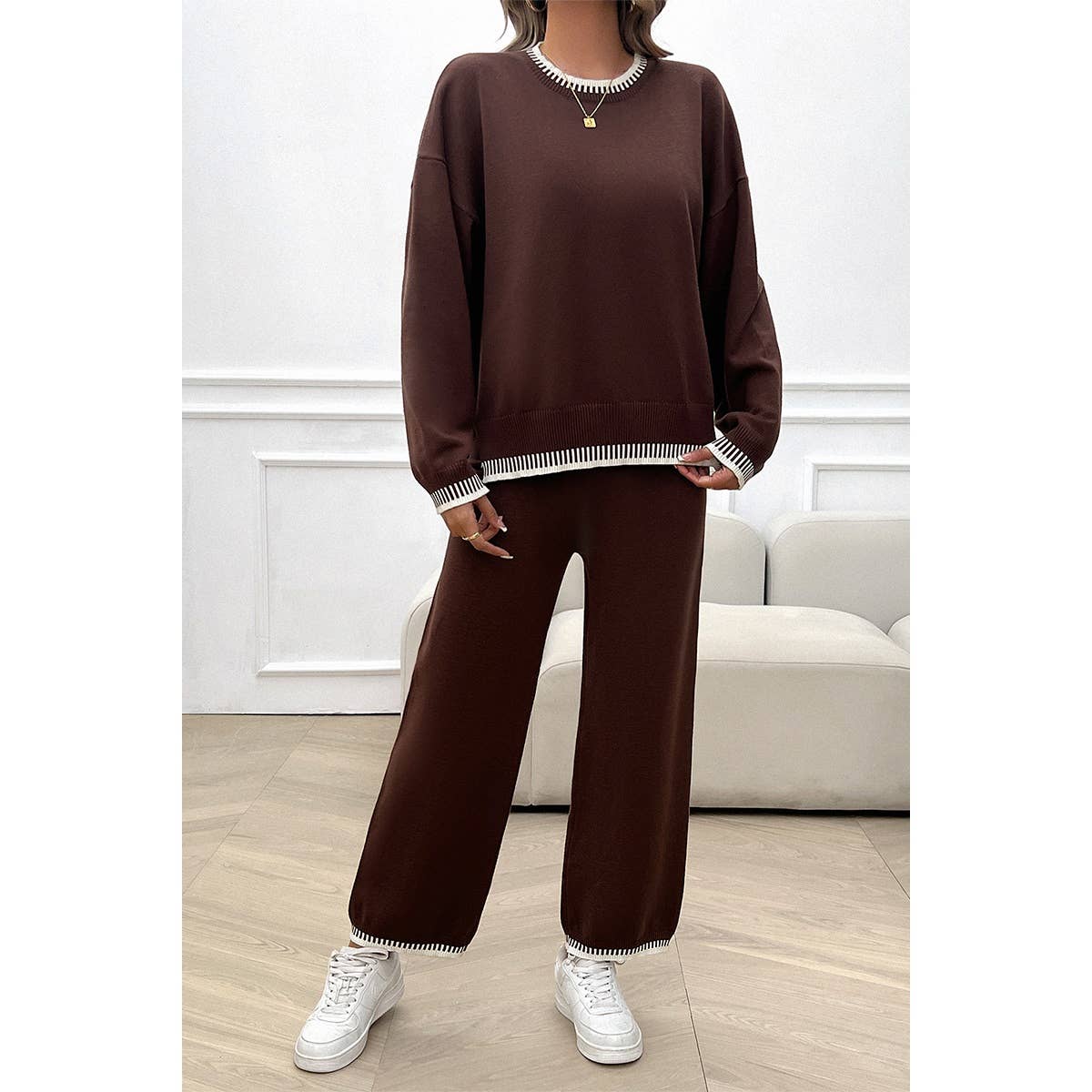 Supreme Fashion - Wholesale Lounge Set - Women's - Colock Block Round Neck Drop Shoulder Loose Set9