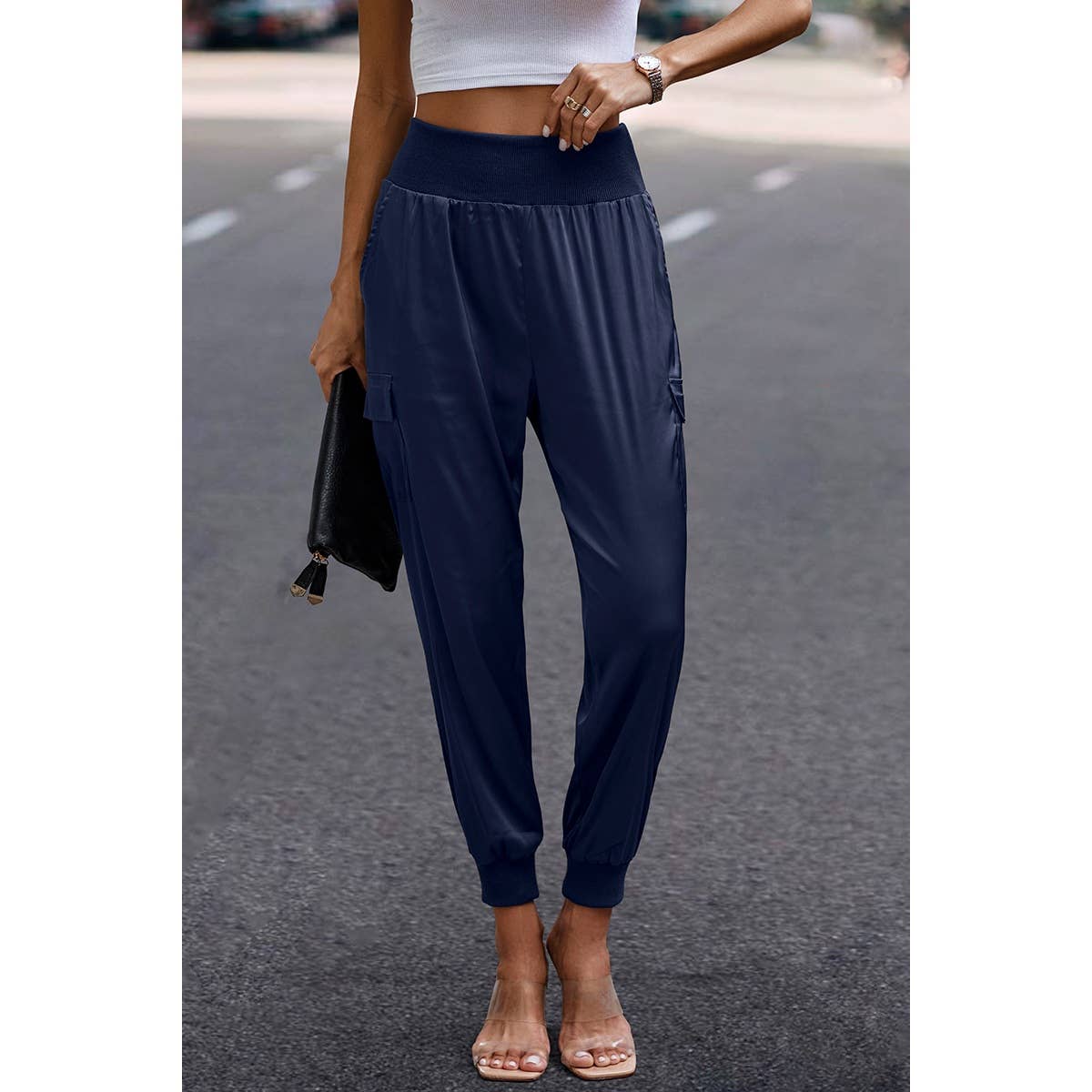 Supreme Fashion – wholesale Joggingbyxor - Dam – Högmidjade långa byxor med ficka satin joggerbyxor19