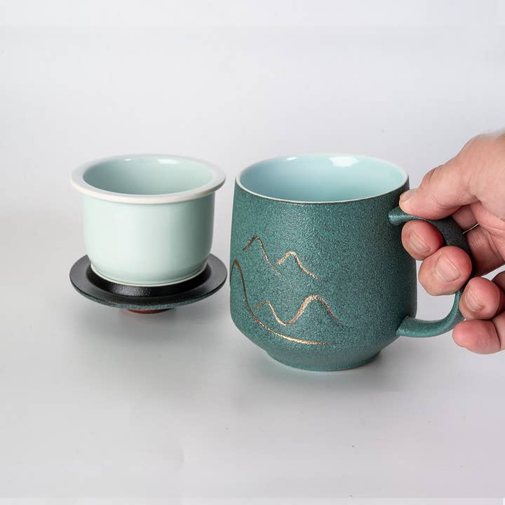 Urban Tokyo – wholesale Coffee mug – 12oz Tea Mugs with Lid and Infuser for Loose Leaf Tea Mountain Design Green (4/48)1