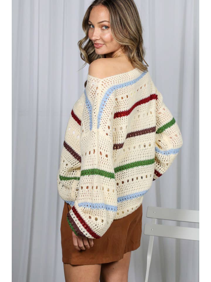 Multi Top de suéter de punto de crochet a rayas multicolor VT81238A- de venta al por mayor en Faire20