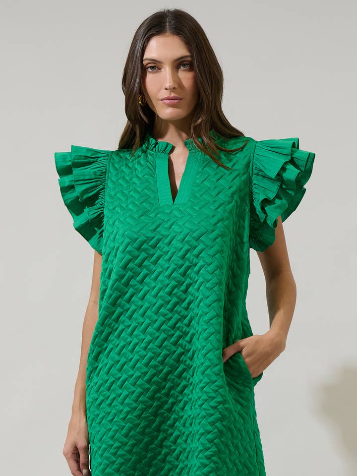 Kelly Green Yulia Quilted Adalee Ruffle Mini Dress for wholesale on Faire