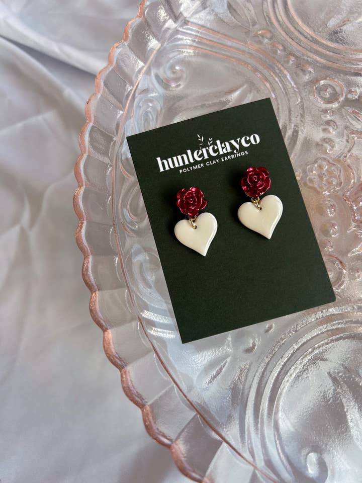 Rose & Heart Dangles for wholesale by hunterclayco | Polymer Clay Earrings