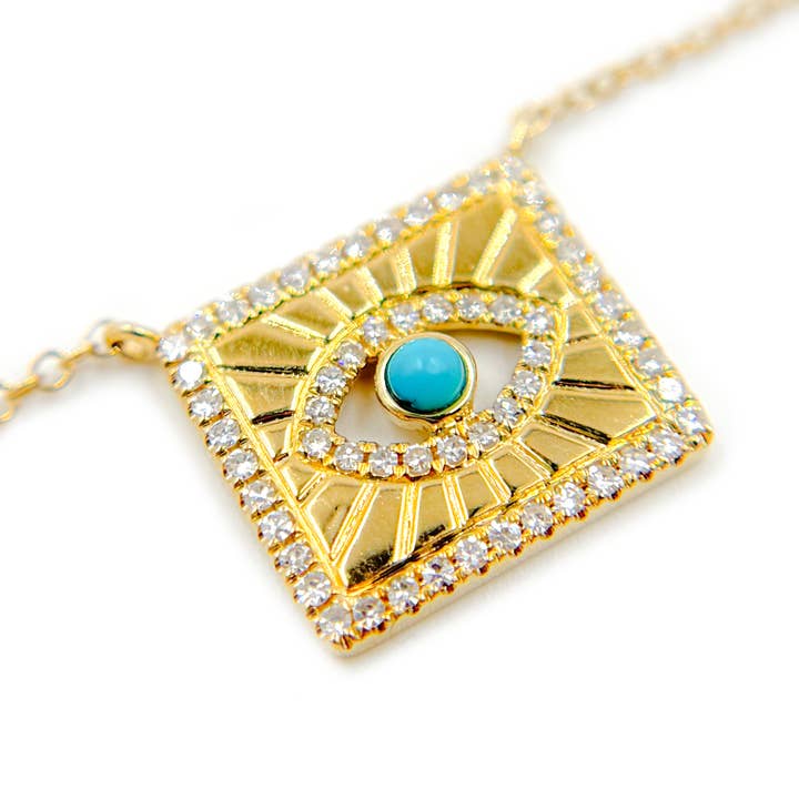 NFC72324TQ. 14k Solid Gold Diamond and Turquoise Evil Eye Necklace for wholesale by Tresor Jewelry Inc.