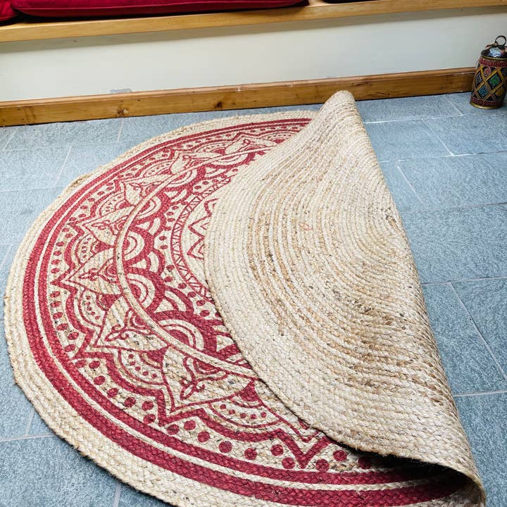 Second Nature Online - Wholesale Area Rug - MANDALA Pattern Round Red Rug Jute with Block Print1