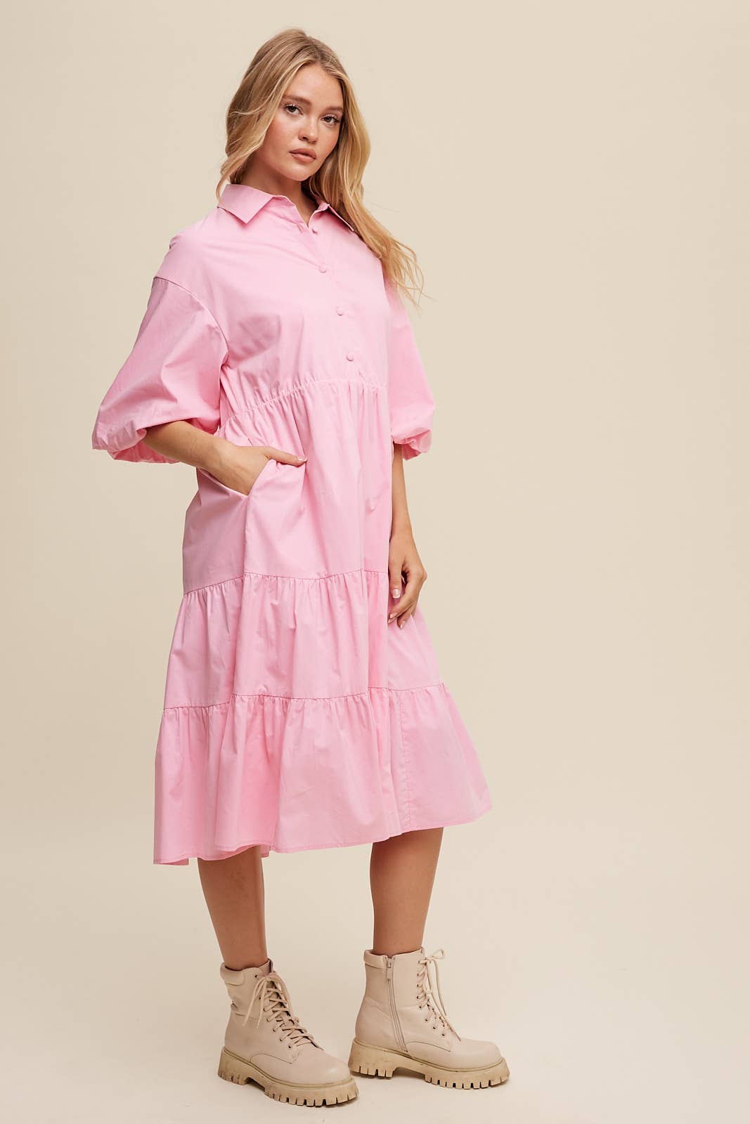 Listicle - Wholesale Dress - Women's - Tiered Poplin Shirt Dress44