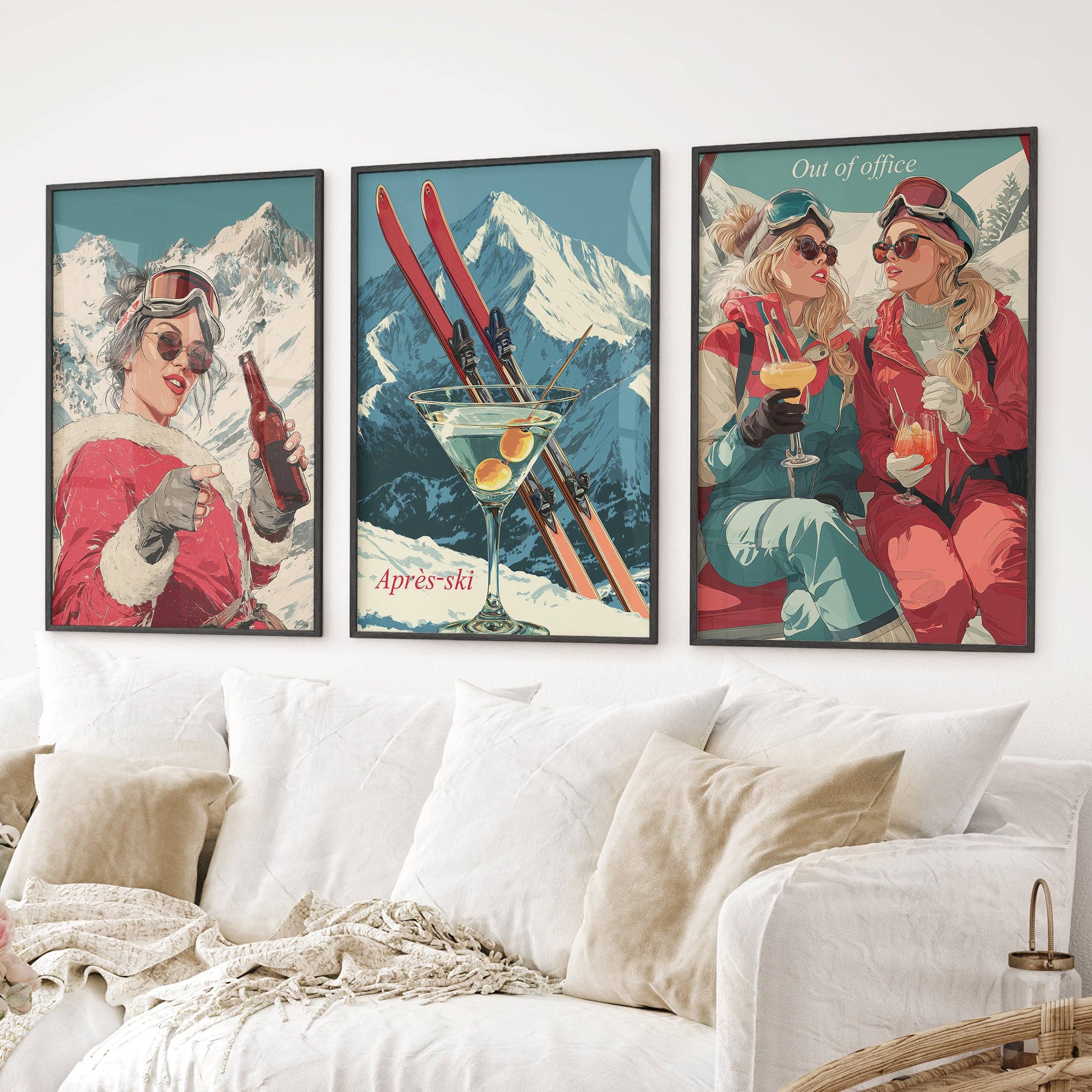 PrintSets.com - Venta al por mayor Conjunto de galería de pared - Escena de Après Ski de Invierno Arte de Pared. Conjunto de 3 Impresiones Alpinas Retro.5
