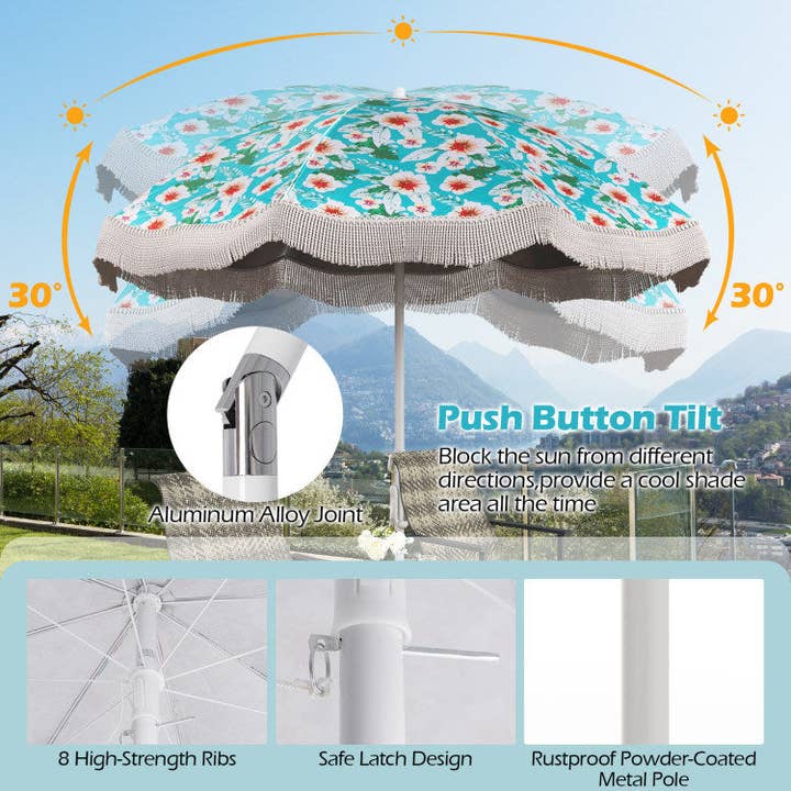Hard Rock Health Stores - Wholesale Beach Umbrella - 6.5 FT Beach Umbrella with Fringe Outdoor Tassel Umbrella with Push Button Tilt25
