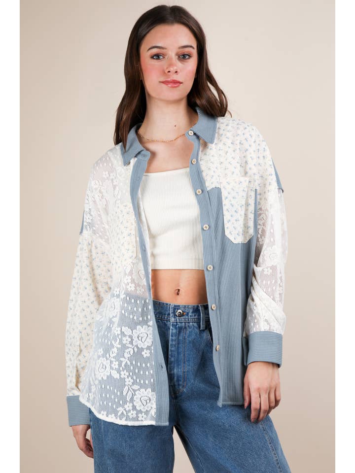 VERY J - Wholesale Shirt Jacket/Shacket - Women's - NT12101-Contrast Ribbed Knit & Lace Shacket Jacket