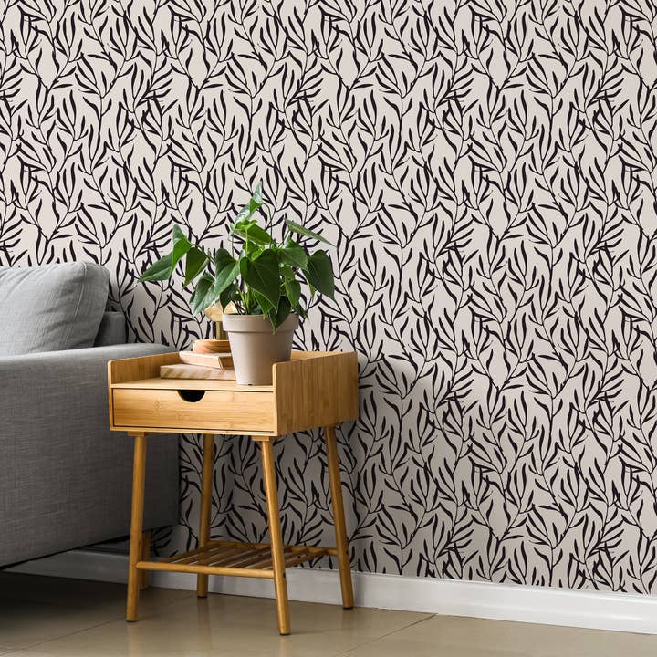 Svart löv botanisk självhäftande tapet - 48 cm B x 300 cm H för wholesale av SimurgWallArts