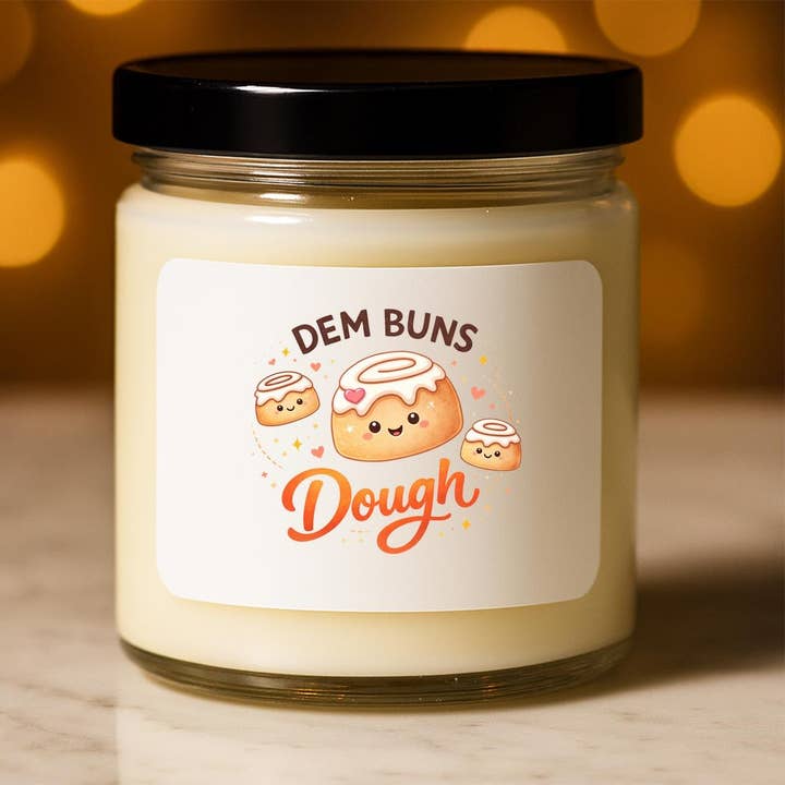 Funny Cinnamon Roll Candle - Dem Buns Dough - Foodie Pun - for wholesale by Capytini