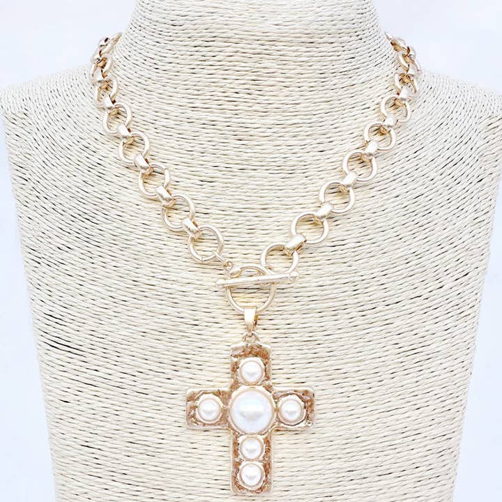 Gold Circle Chain with 1.75" Cross with Pearl Accents 18" Necklace for wholesale by What's Hot