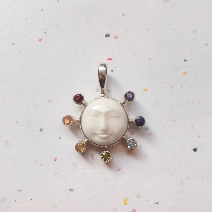 Ajmer by Jodi - Wholesale Individual Charm/Pendant - Moon Face Chakra Pendant in sterling silver ~ 7 faceted gems8