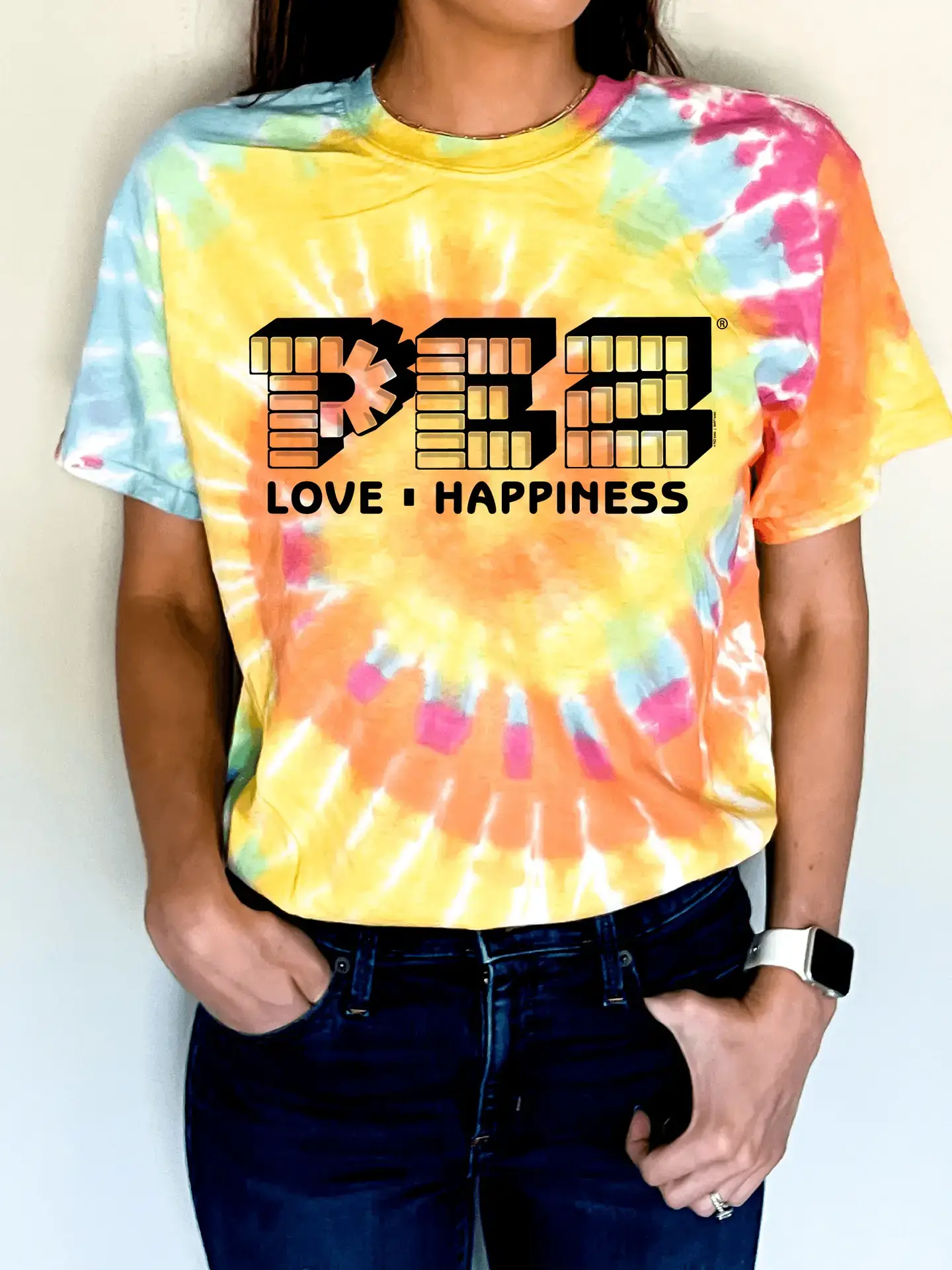Grandpa Joe's Candy Shop – wholesale Screen printed t-shirt – unisex – Pez Love & Happiness Tie-Dye Vintage Candy T-Shirt, Tee2