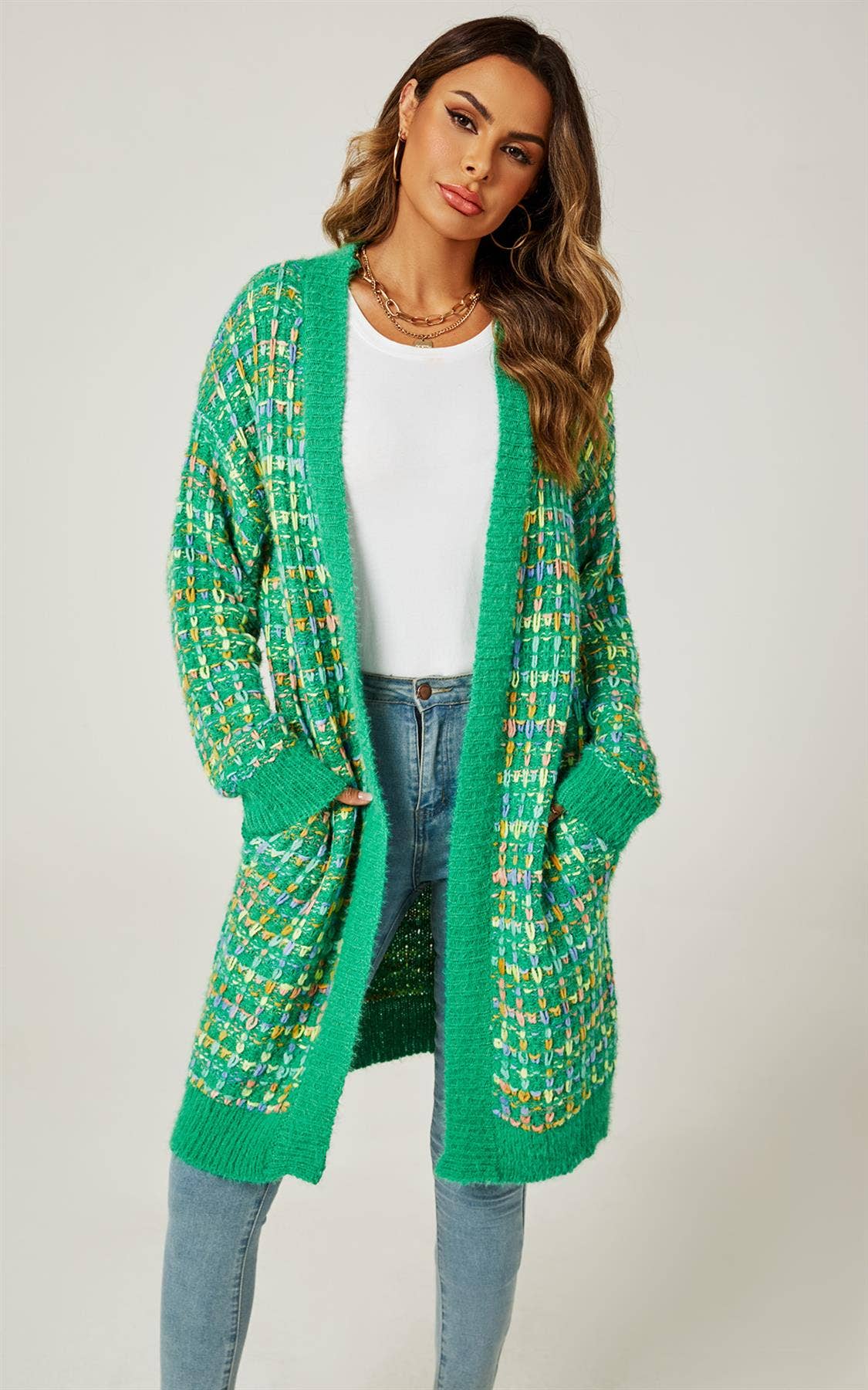 FS Collection (Germany) - Wholesale Cardigan - Women's - Green Boucle Check Cardigan In Rainbow Multicolour Speckles1