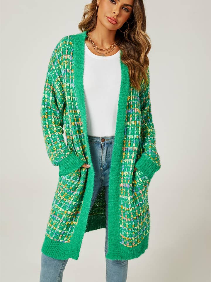 FS Collection (Germany) - Wholesale Cardigan - Women's - Green Boucle Check Cardigan In Rainbow Multicolour Speckles1