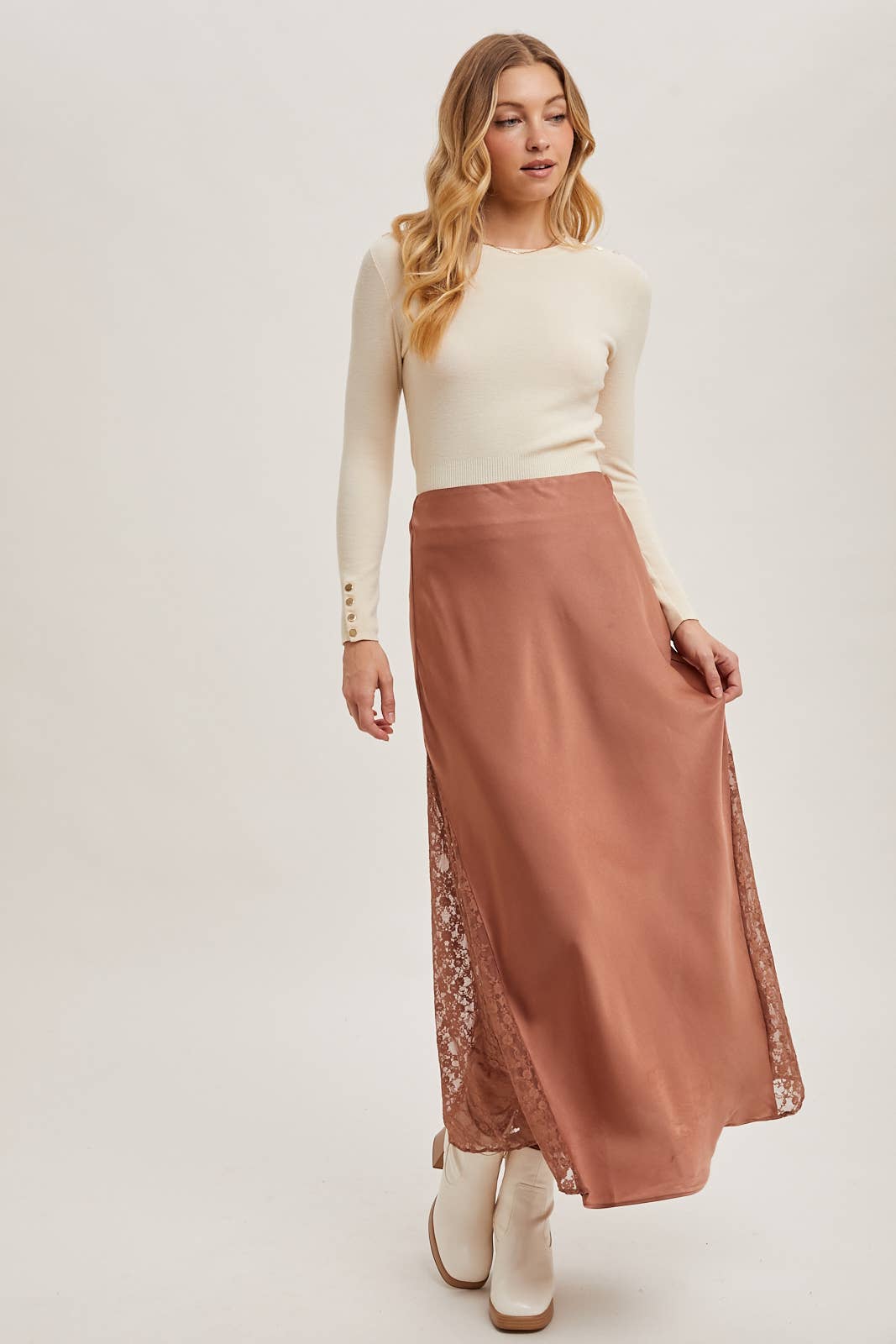 Bluivy - Vente Jupe – femme - Jupe midi en satin taille mi-haute avec bordure en dentelle9