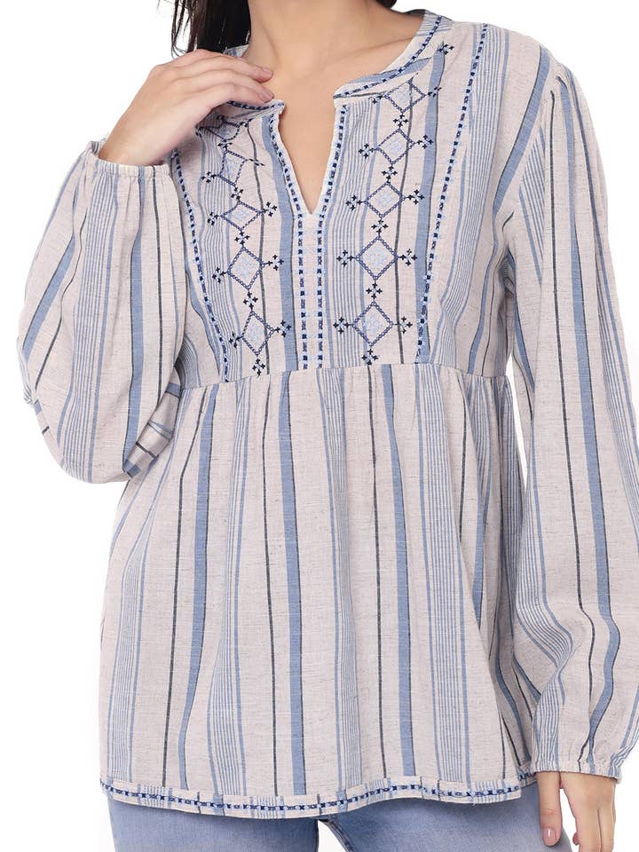 37961 Long sleeves embroidered popover top for wholesale by 1 Bliss lane