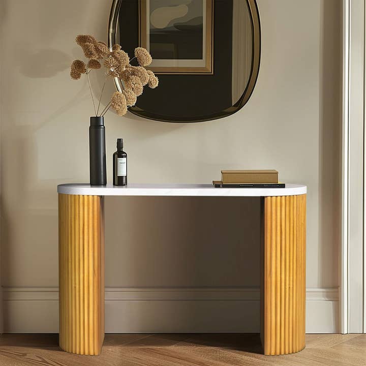 Olliix - Wholesale Console Table - Faux White Marble Top Console Table with Reeded Pillar Legs*