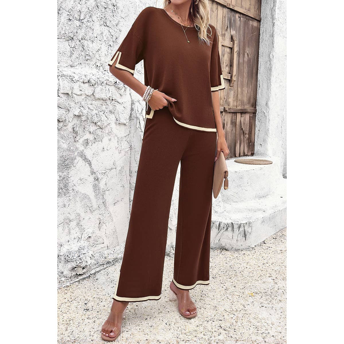 Supreme Fashion - Wholesale Top & Pant Set (NOT Loungewear) - Women's - Two Pieces Outfits Knit Short Sleeve Wide Leg Lounge Sets8