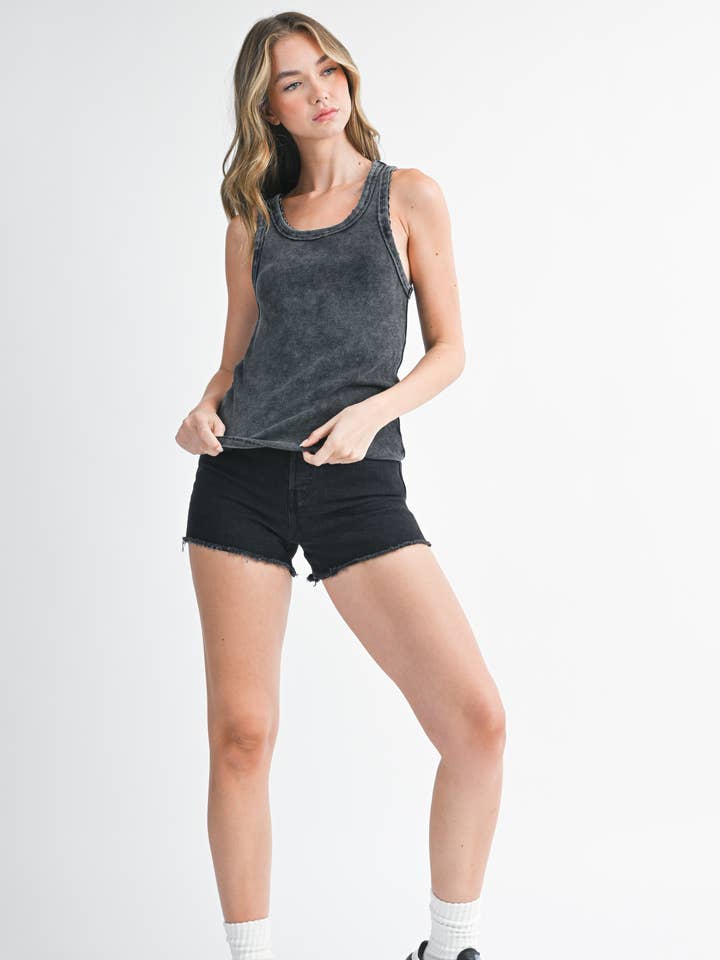 8528GK Washed Ribbed Tank Top with Lace Edge Detail for wholesale by AEMI + CO