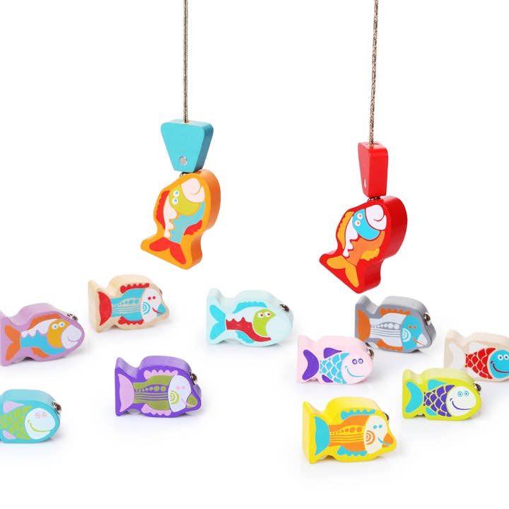 Fainotoys - Vendita all'ingrosso Gioco sportivo - Bambini e neonati - Gioco da pesca in legno con 12 pesci colorati e 2 canne da pesca magnetiche3
