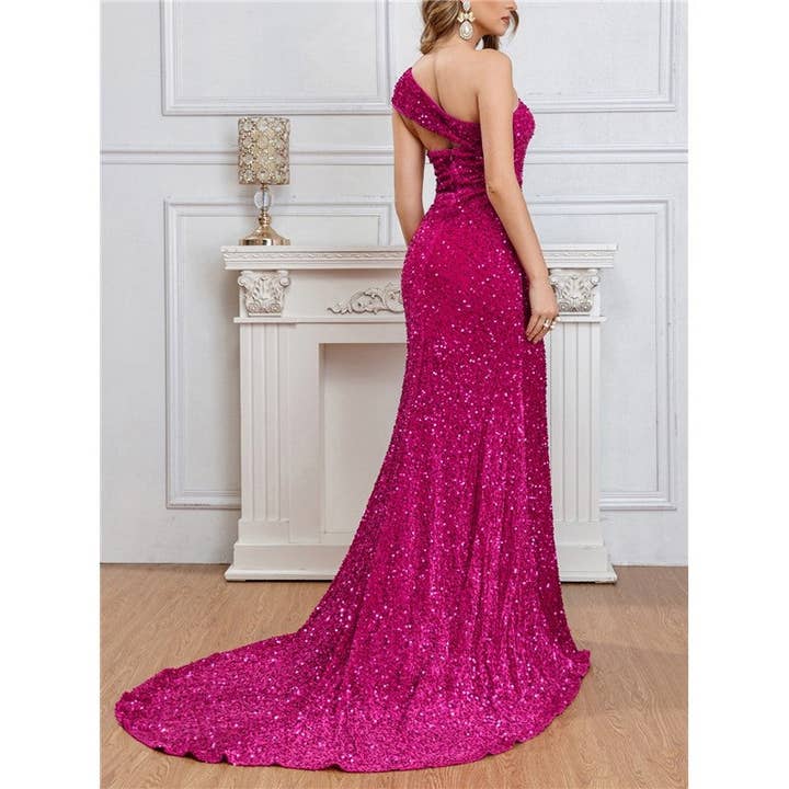 ROSE RED Solid Color One-Shoulder Sleeveless Sequin Backless Train Maxi Dress Gown for wholesale on Faire