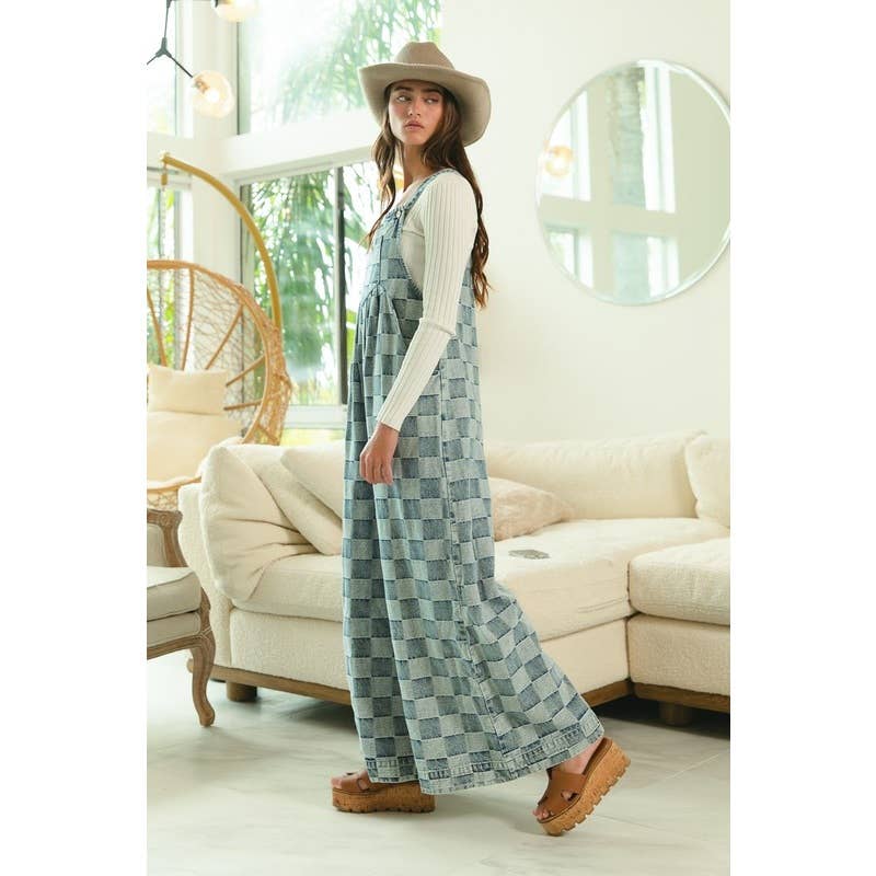 JEANS MACACÃO DE PERNAS LARGAS XADREZ VINTAGE LAVADO para venda a revendedores na Faire2