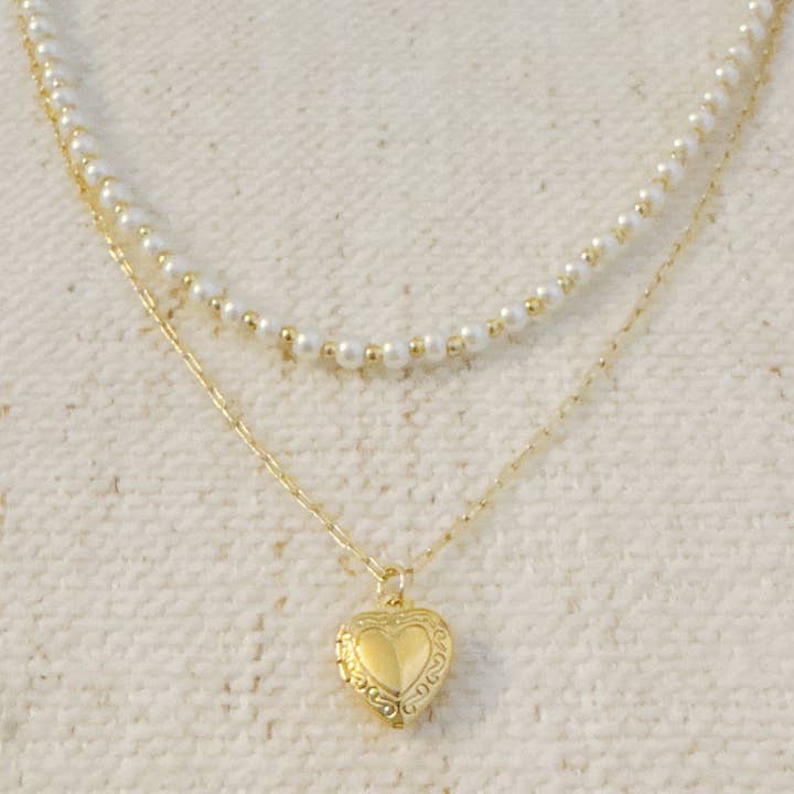 Ellison+Young - Wholesale Pendant/Charm Necklace - Pearls And Heart Locket Layered Necklace