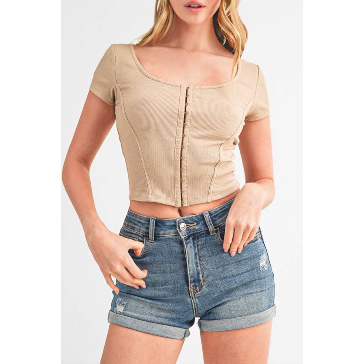 Timeless - Wholesale Knit Top - Women's - SQUARE NECK HOOK AND EYE BUSTIER SHORT SLEEVE TOP3